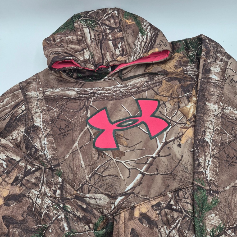 Under Armour Realtree Camo Pink Logo Hoodie Womens XL Semi-Fitted Sweatshirt